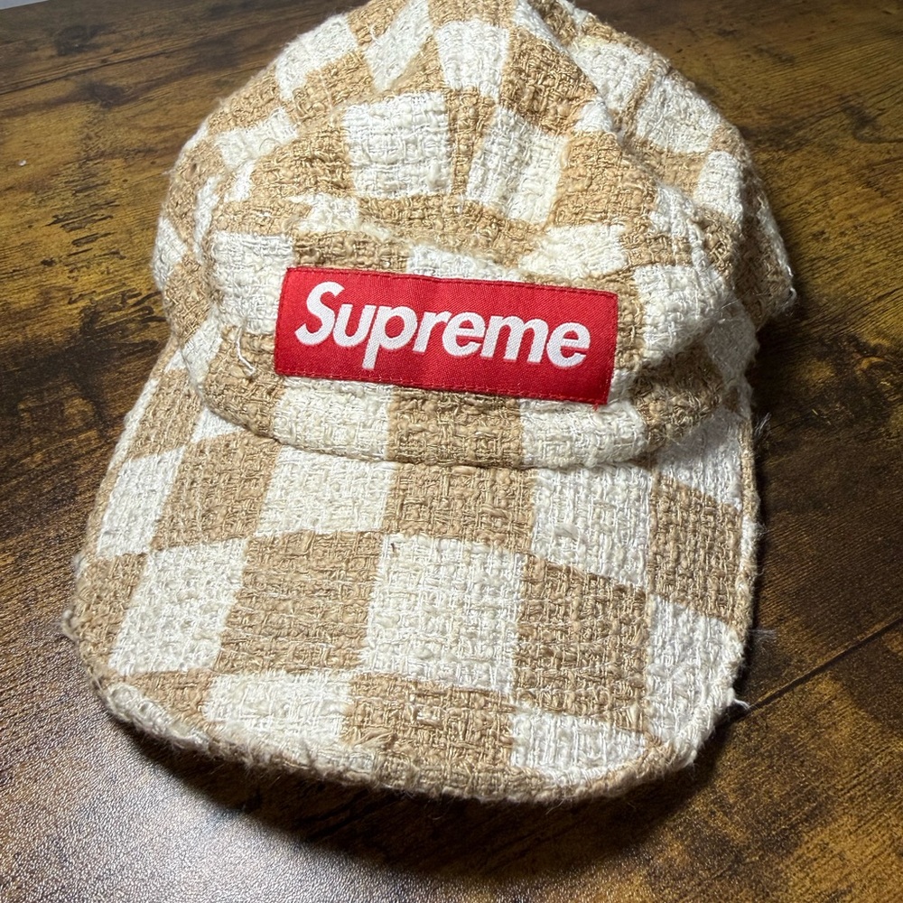2019 Supreme Red Box Logo Beige & Cream Checkered Camp Cap